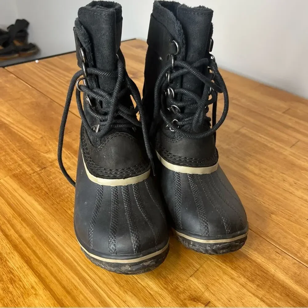 Sorel Fancy Lace Black Leather Lace Up Winter Duck Boots Size 6